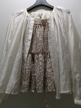 Cream Button-Front Blouse with Unlabeled Tan Polka Dot Printed Skirt